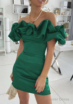 Sheath Column Off The Shoulder Sleeveless Satin Short Mini Homecoming Dresses With Ruffles