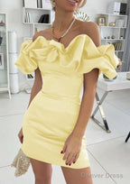 Sheath Column Off The Shoulder Sleeveless Satin Short Mini Homecoming Dresses With Ruffles