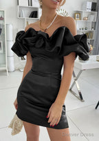 Sheath Column Off The Shoulder Sleeveless Satin Short Mini Homecoming Dresses With Ruffles