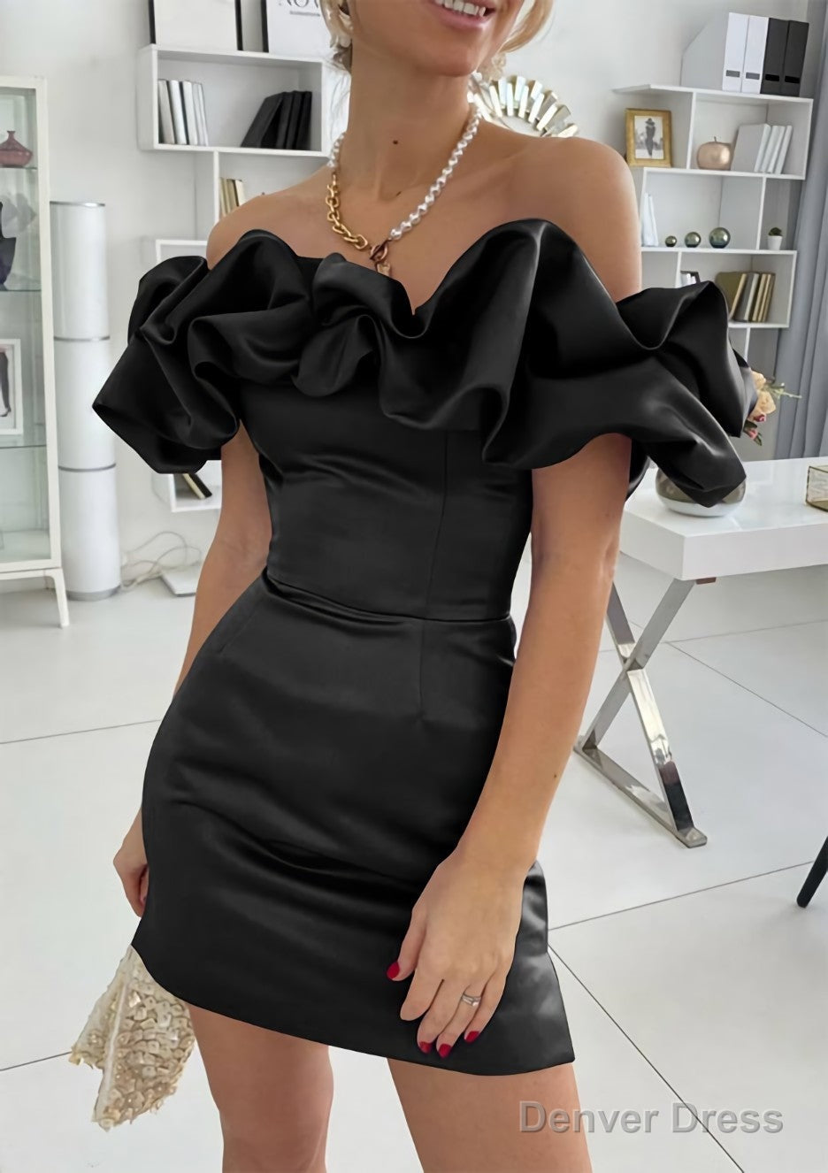 Sheath Column Off The Shoulder Sleeveless Satin Short Mini Homecoming Dresses With Ruffles