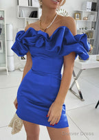 Sheath Column Off The Shoulder Sleeveless Satin Short Mini Homecoming Dresses With Ruffles