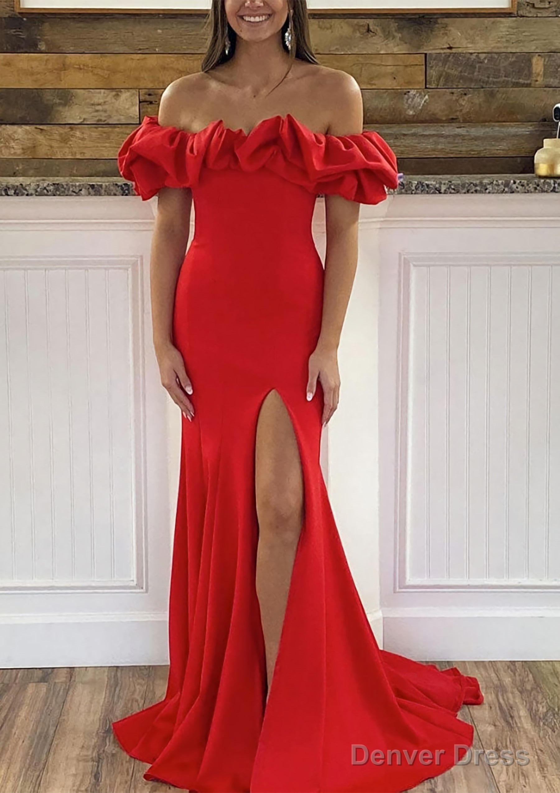 Sheath Column Off The Shoulder Sleeveless Sweep Train Satin Prom Dresses With Ruffles Split Main image