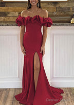 Sheath Column Off The Shoulder Sleeveless Sweep Train Satin Prom Dresses With Ruffles Split