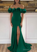 Sheath Column Off The Shoulder Sleeveless Sweep Train Satin Prom Dresses With Ruffles Split