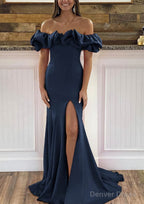 Sheath Column Off The Shoulder Sleeveless Sweep Train Satin Prom Dresses With Ruffles Split