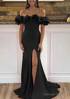 Sheath Column Off The Shoulder Sleeveless Sweep Train Satin Prom Dresses With Ruffles Split