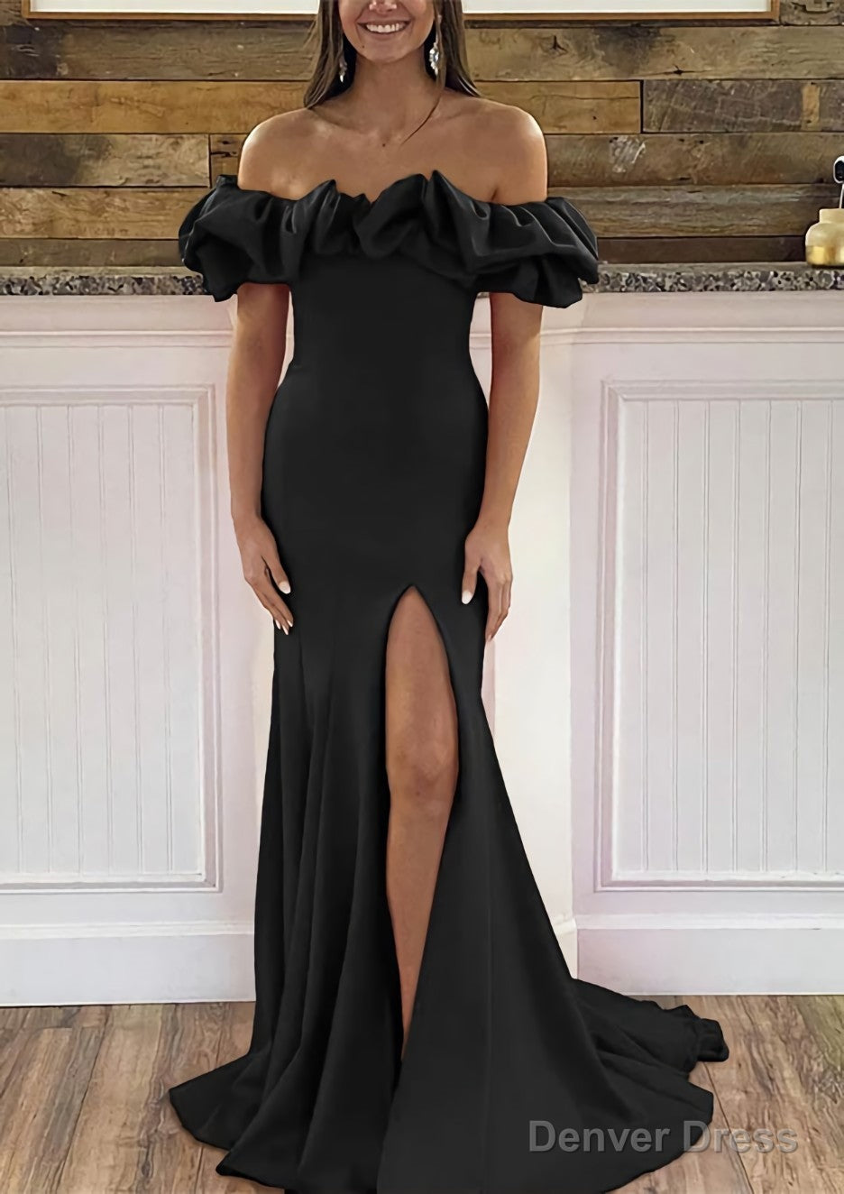 Sheath Column Off The Shoulder Sleeveless Sweep Train Satin Prom Dresses With Ruffles Split