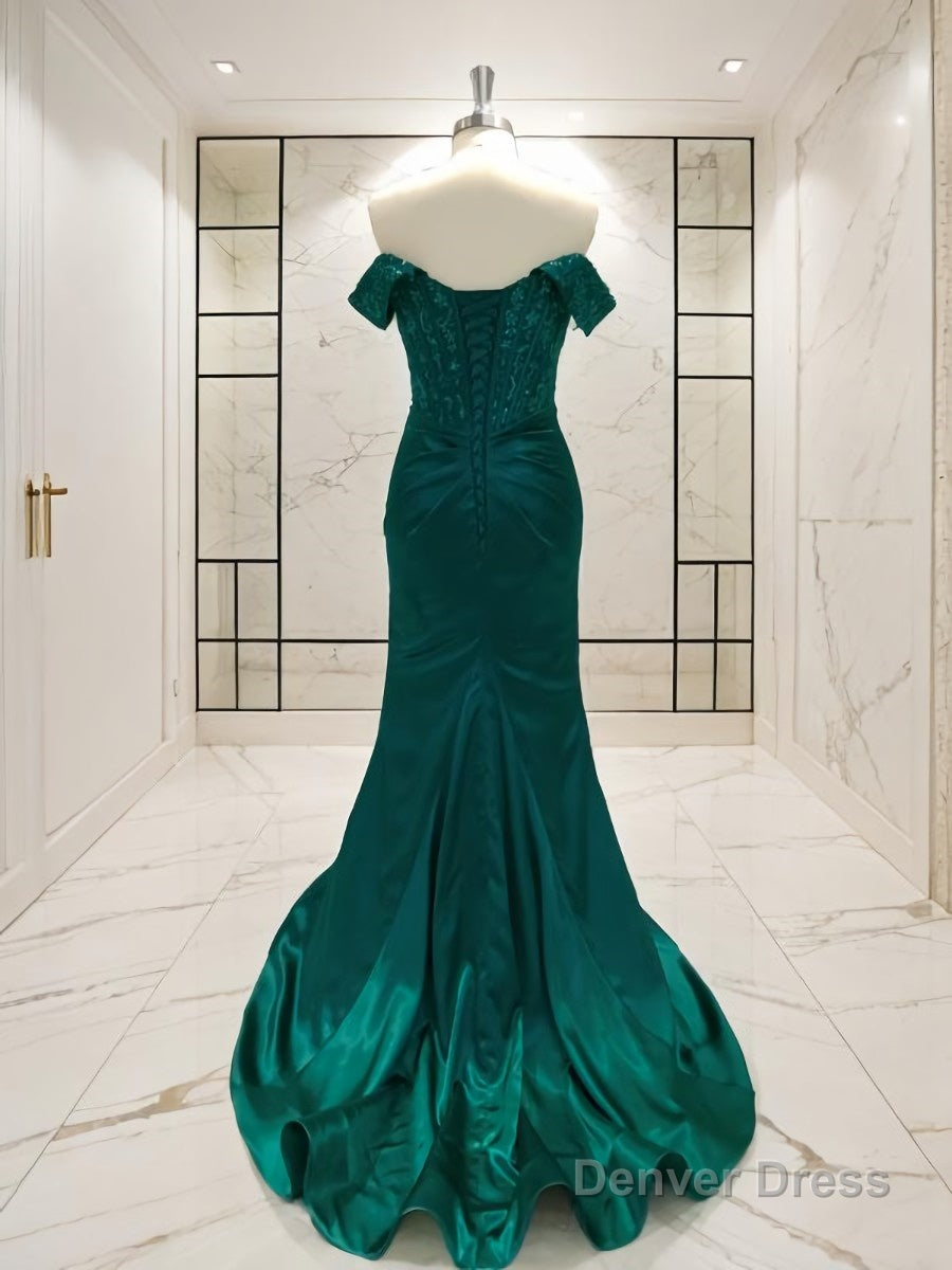 Sheath Column Off The Shoulder Sweep Train Elastic Woven Satin Prom Dresses With Leg Slit