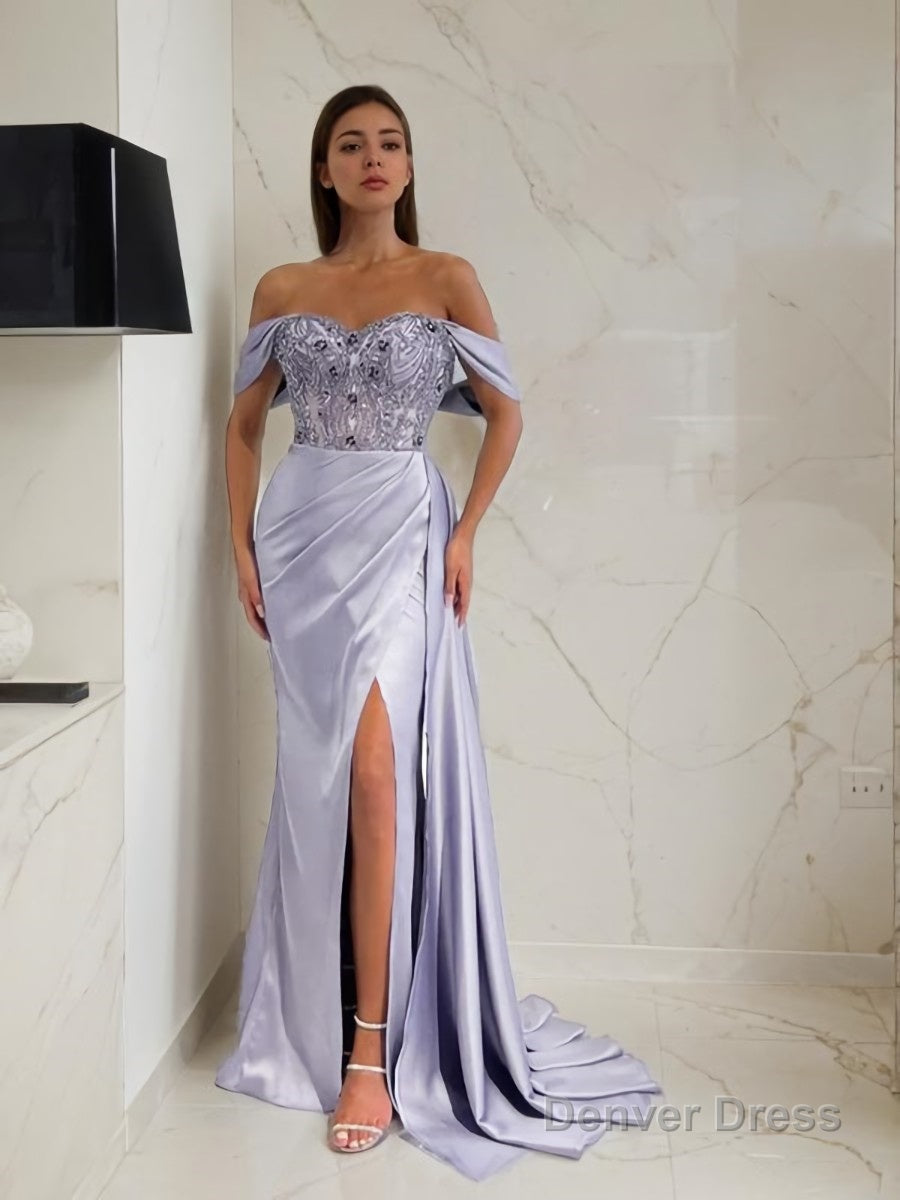 Sheath Column Off The Shoulder Sweep Train Elastic Woven Satin Prom Dresses With Leg Slit