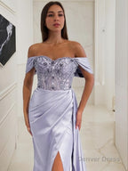 Sheath Column Off The Shoulder Sweep Train Elastic Woven Satin Prom Dresses With Leg Slit