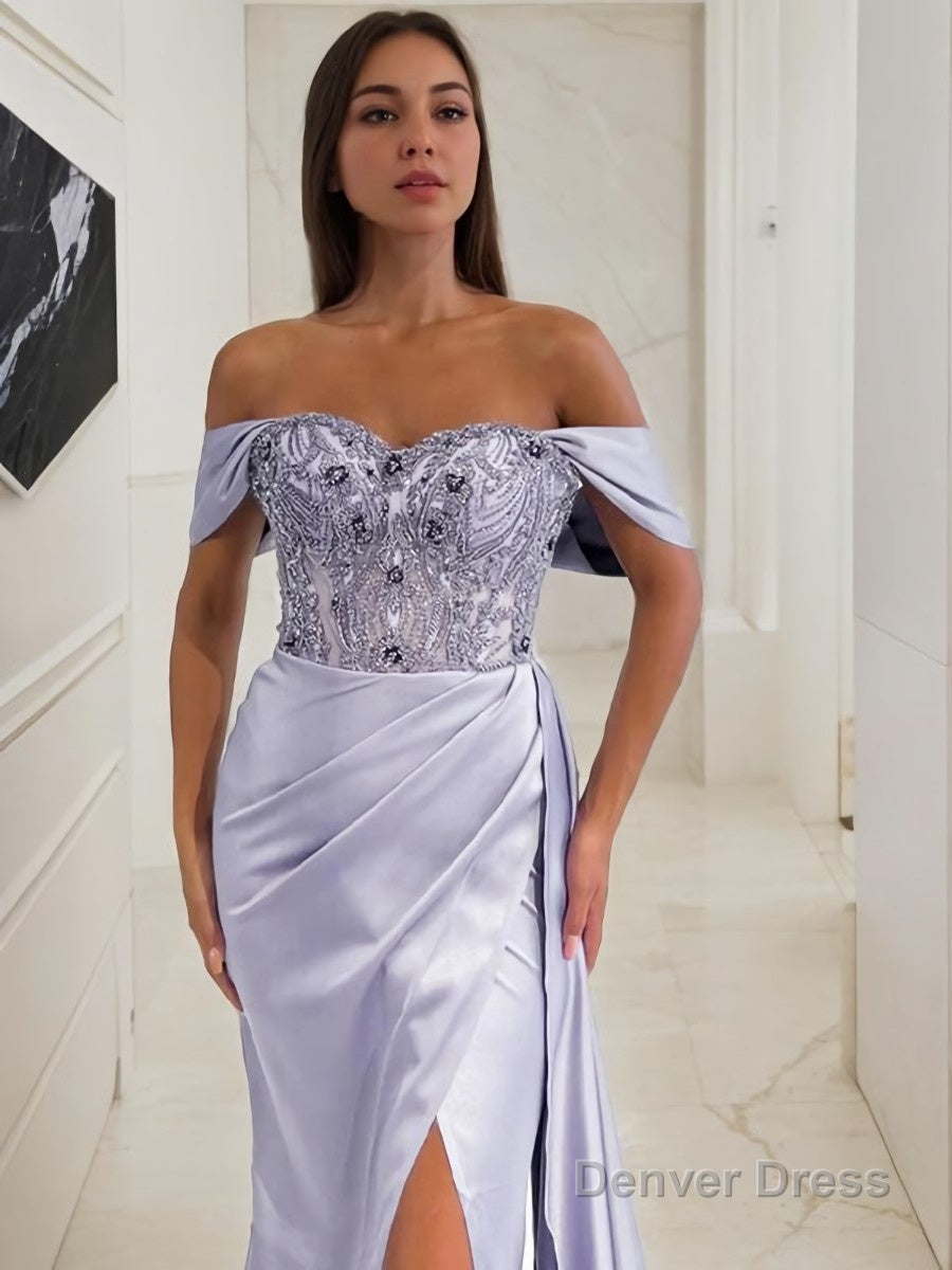 Sheath Column Off The Shoulder Sweep Train Elastic Woven Satin Prom Dresses With Leg Slit