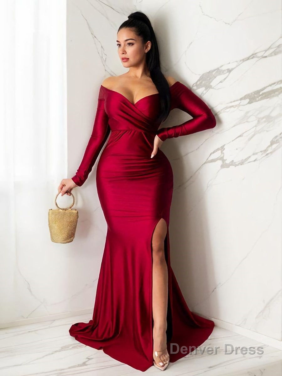 Sheath Column Off The Shoulder Sweep Train Jersey Prom Dresses With Leg Slit Main image
