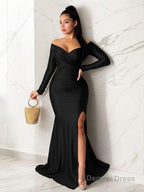 Sheath Column Off The Shoulder Sweep Train Jersey Prom Dresses With Leg Slit