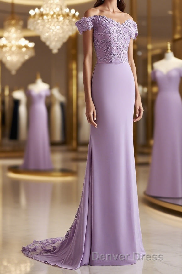 Sheath Column Off The Shoulder Sweep Train Jersey Mother of the Bride Dresses With Ruffles