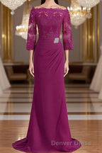 Sheath Column Off The Shoulder Sweep Train Mother of the Bride Dresses With Appliques Lace