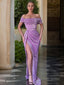 Sheath Column Off The Shoulder Sweep Train Prom Dresses With Leg Slit