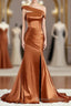 Sheath Column Off The Shoulder Sweep Train Silk like Satin Bridesmaid Dresses with Leg Slit