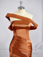 Sheath Column Off The Shoulder Sweep Train Silk like Satin Bridesmaid Dresses with Leg Slit