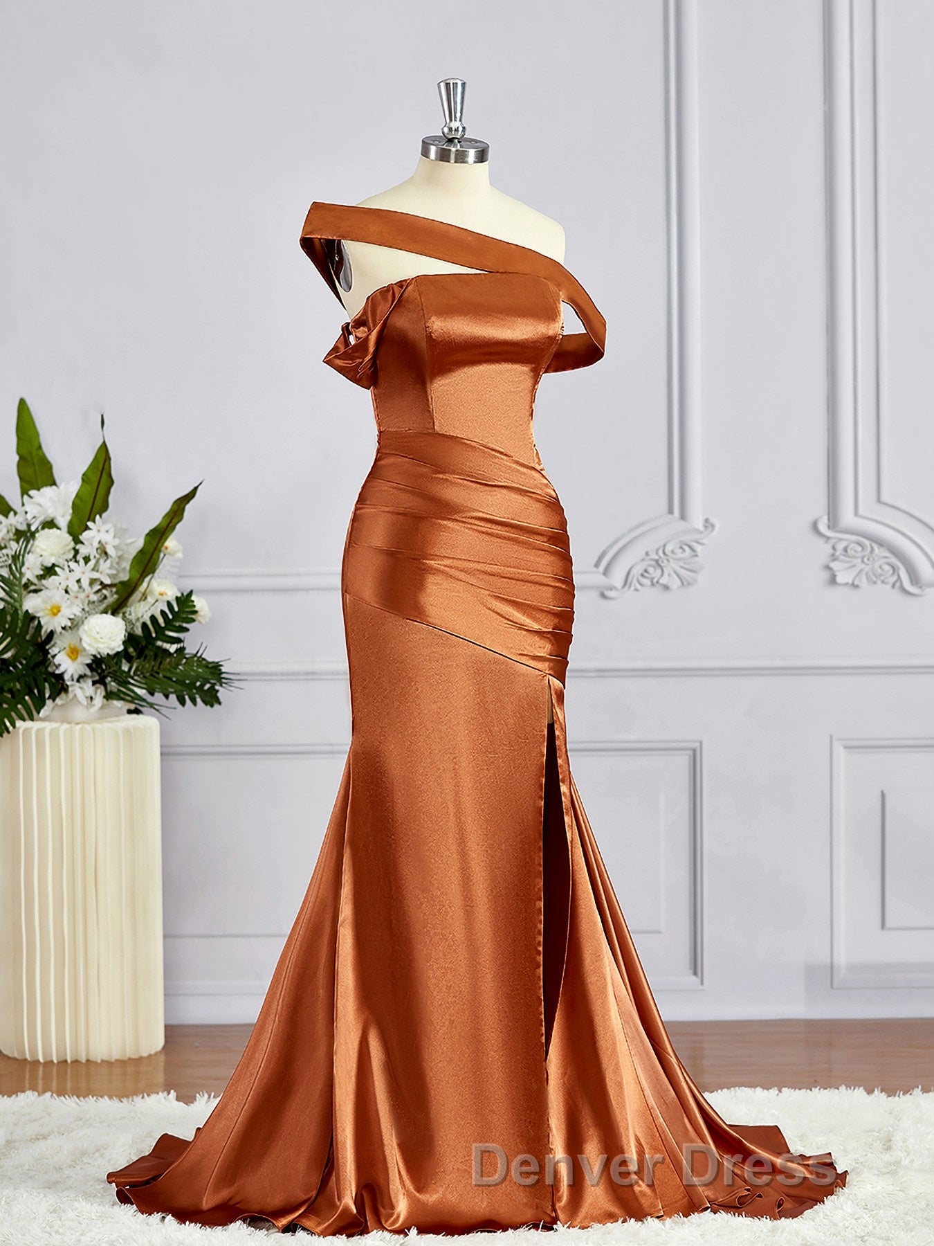 Sheath Column Off The Shoulder Sweep Train Silk like Satin Bridesmaid Dresses with Leg Slit