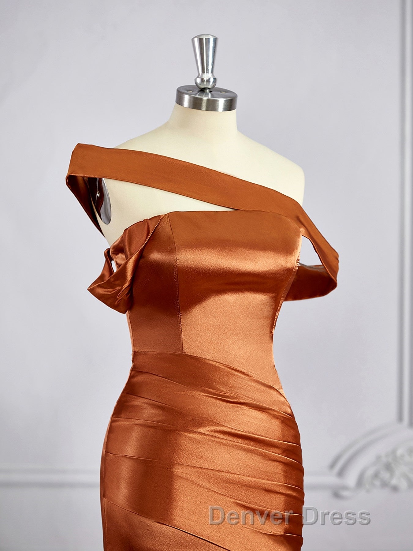 Sheath Column Off The Shoulder Sweep Train Silk like Satin Bridesmaid Dresses with Leg Slit