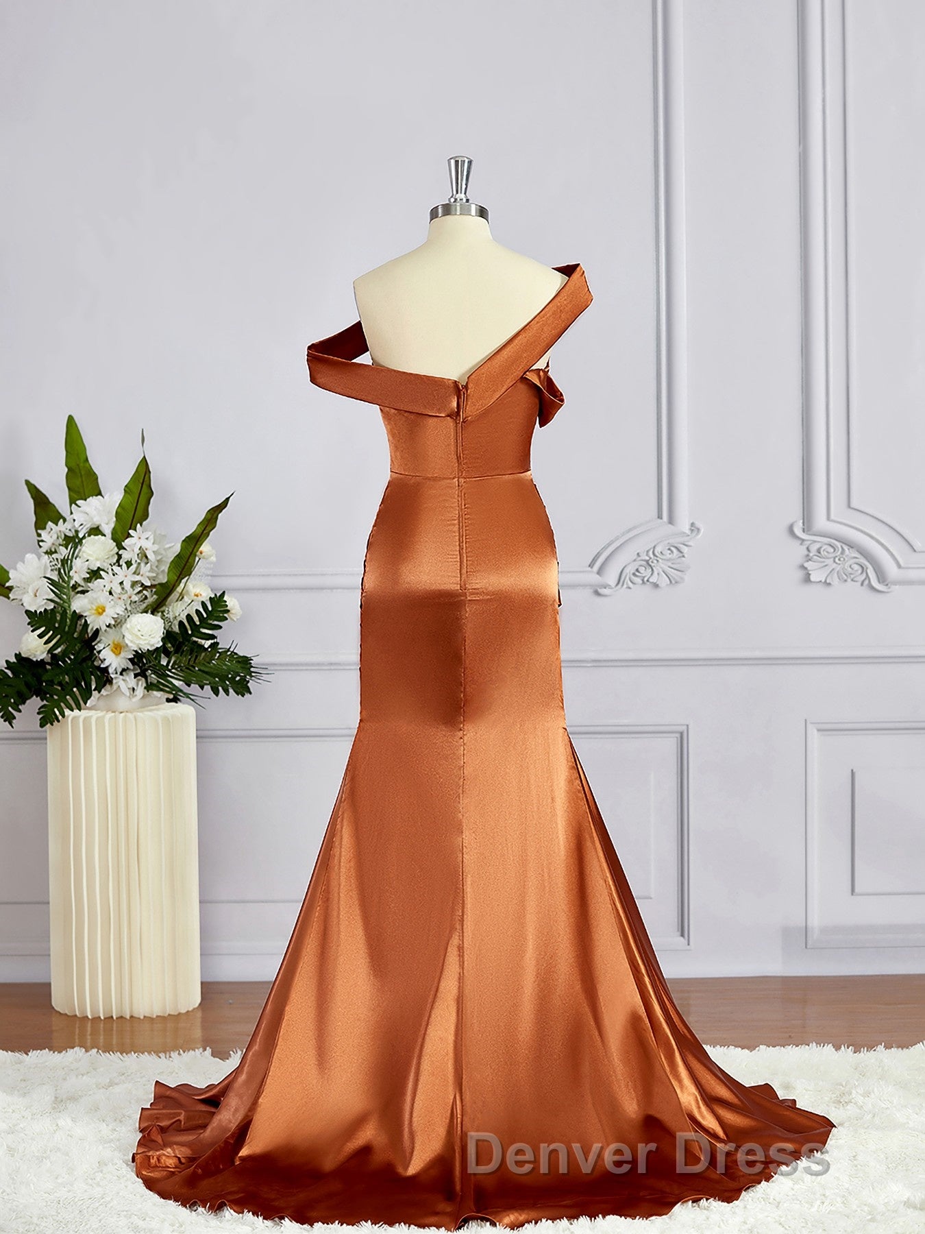 Sheath Column Off The Shoulder Sweep Train Silk like Satin Bridesmaid Dresses with Leg Slit