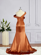 Sheath Column Off The Shoulder Sweep Train Silk like Satin Bridesmaid Dresses with Leg Slit