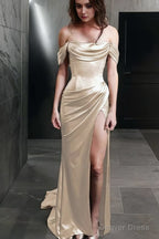 Sheath Off The Shoulder Sweep Train Silk like Satin Prom Dresses With Leg Slit
