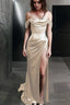 Sheath Off The Shoulder Sweep Train Silk like Satin Prom Dresses With Leg Slit