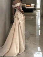 Sheath Column Off The Shoulder Sweep Train Silk like Satin Wedding Dresses With Leg Slit