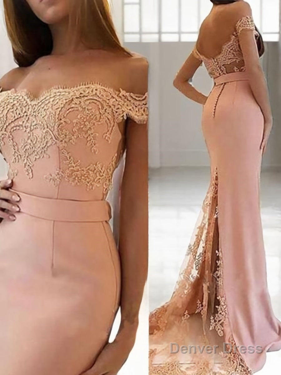 Sheath Column Off The Shoulder Sweep Train Stretch Crepe Prom Dresses With Appliques Lace Main image