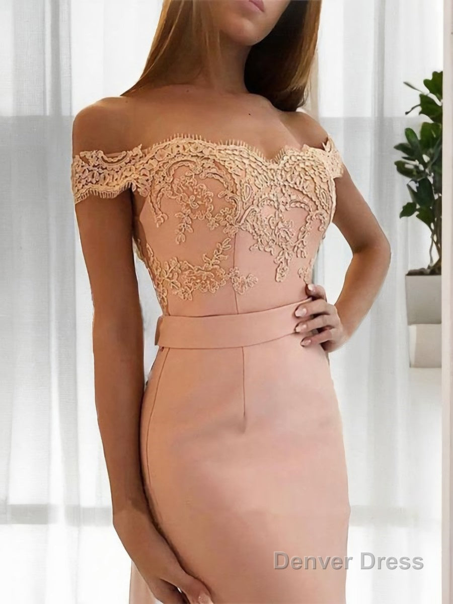 Sheath Column Off The Shoulder Sweep Train Stretch Crepe Prom Dresses With Appliques Lace
