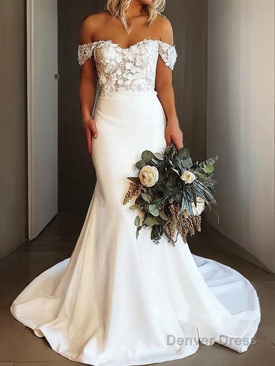 Sheath/Column Off-the-Shoulder Sweep Train Stretch Crepe Wedding Dresses With Appliques Lace Main image