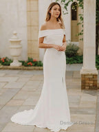 Sheath Column Off The Shoulder Sweep Train Stretch Crepe Wedding Dresses With Leg Slit