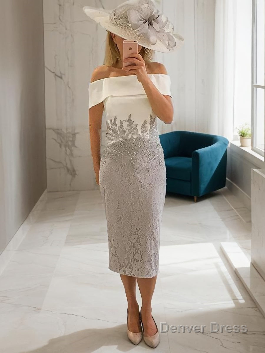 Sheath Column Off The Shoulder Tea Length Lace Mother of the Bride Dresses