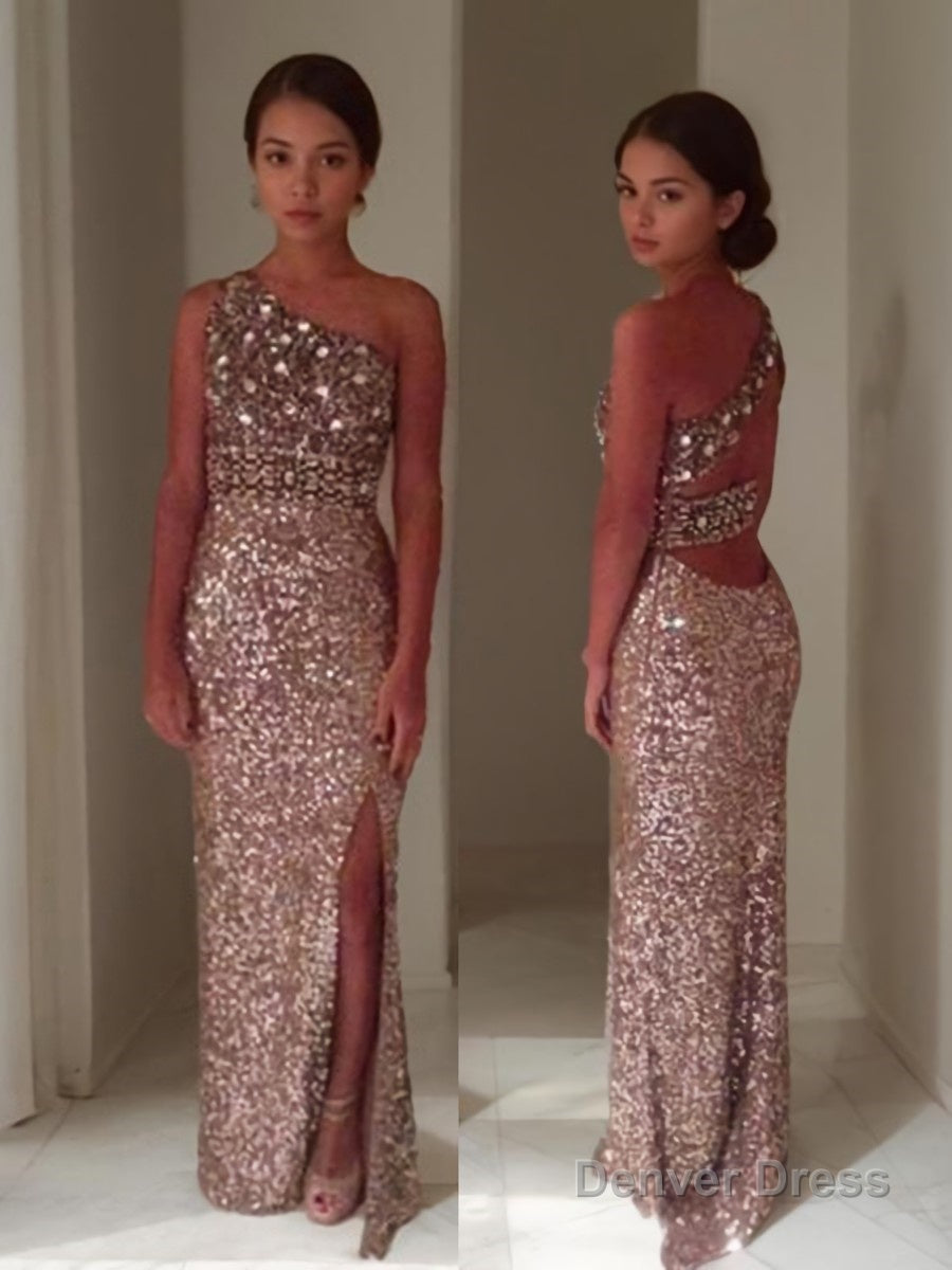 Sheath Column One Shoulder Floor Length Sequins Prom Dresses With Leg Slit