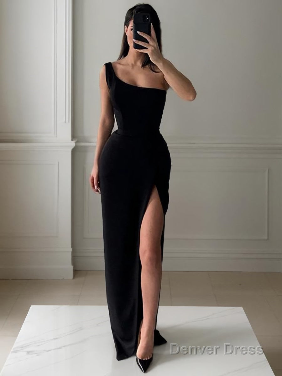 Sheath Column One Shoulder Floor Length Stretch Crepe Prom Dresses With Leg Slit Main image