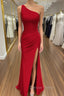 Sheath/Column One-Shoulder Sleeveless Jersey Long/Floor-Length Red Prom Dresses With Pleated Split