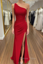 Sheath Column One Shoulder Sleeveless Jersey Long Floor Length Red Prom Dresses With Pleated Split