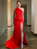 Sheath Column One Shoulder Sweep Train Charmeuse Prom Dresses With Leg Slit