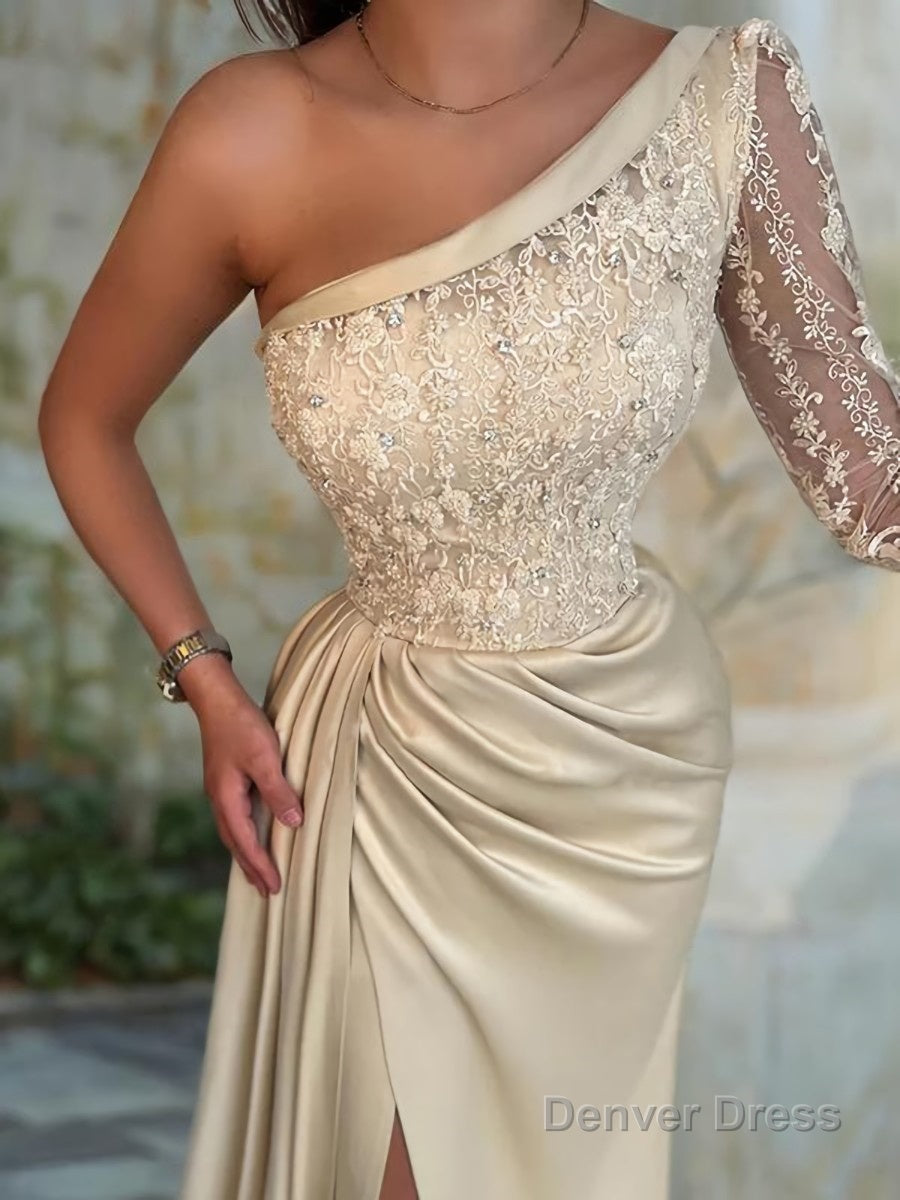 Sheath Column One Shoulder Sweep Train Elastic Woven Satin Prom Dresses With Leg Slit Secondary image