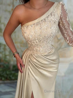 Sheath Column One Shoulder Sweep Train Elastic Woven Satin Prom Dresses With Leg Slit