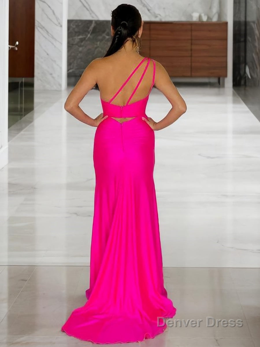 Sheath Column One Shoulder Sweep Train Elastic Woven Satin Prom Dresses With Leg Slit