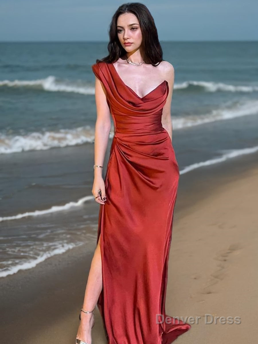 Sheath Column One Shoulder Sweep Train Elastic Woven Satin Prom Dresses With Leg Slit Main image