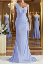 Sheath Column One Shoulder Sweep Train Jersey Bridesmaid Dresses