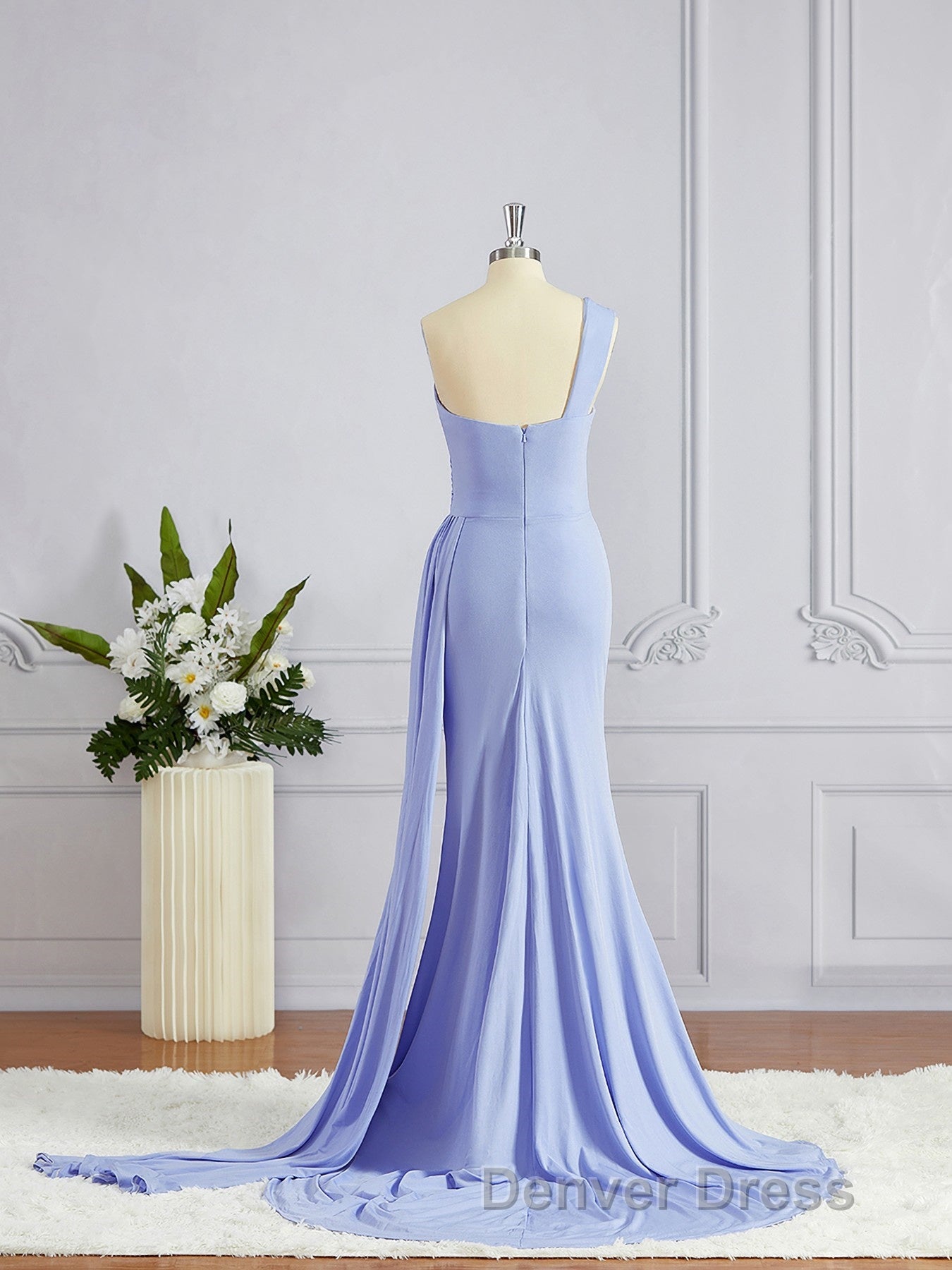 Sheath Column One Shoulder Sweep Train Jersey Bridesmaid Dresses