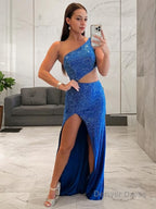 Sheath Column One Shoulder Sweep Train Jersey Prom Dresses With Leg Slit