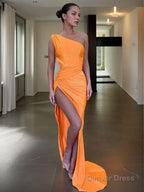 Sheath Column One Shoulder Sweep Train Jersey Prom Dresses With Leg Slit