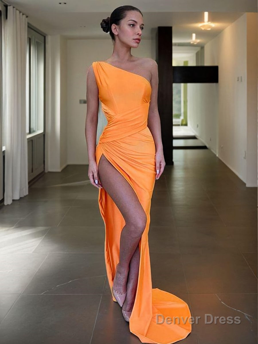 Sheath Column One Shoulder Sweep Train Jersey Prom Dresses With Leg Slit