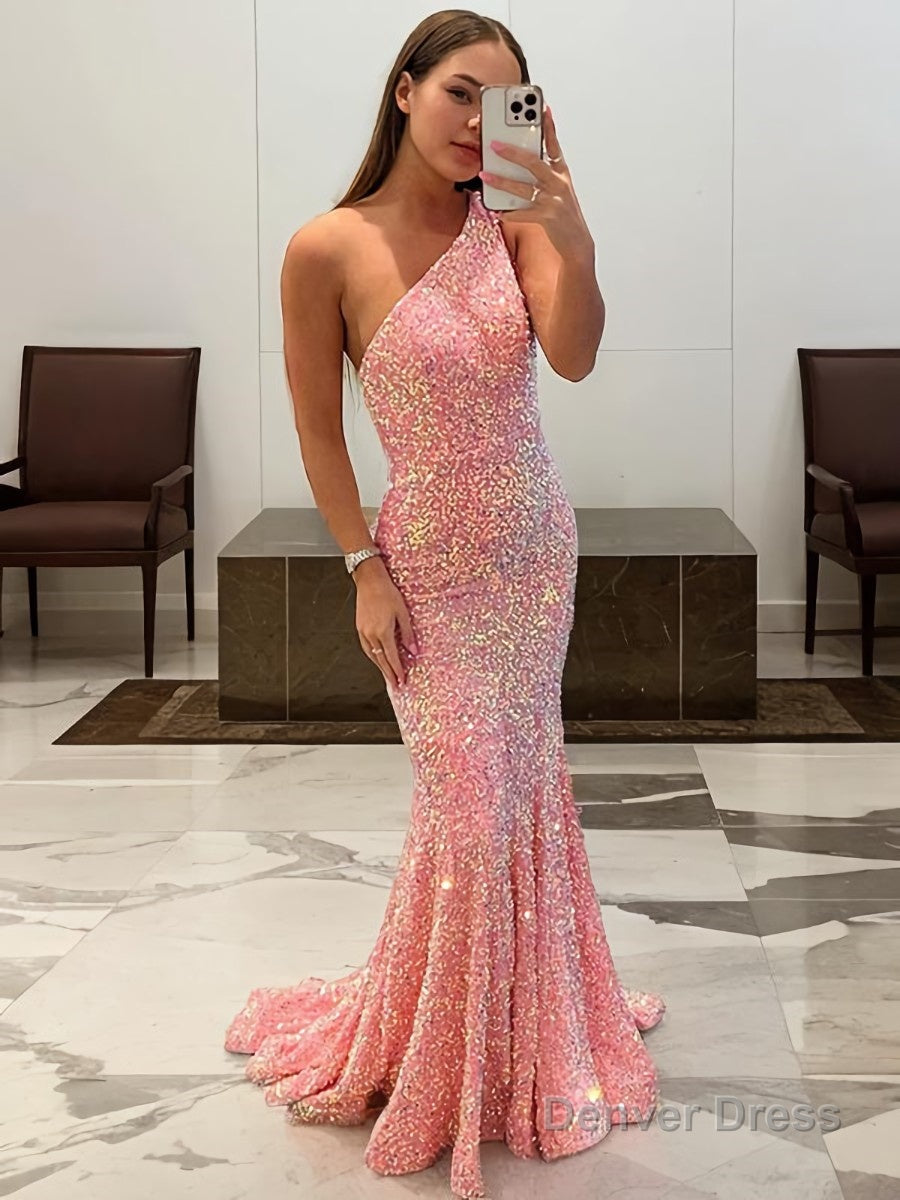 Sheath Column One Shoulder Sweep Train Prom Dresses Main image