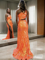 Sheath Column One Shoulder Sweep Train Prom Dresses With Leg Slit